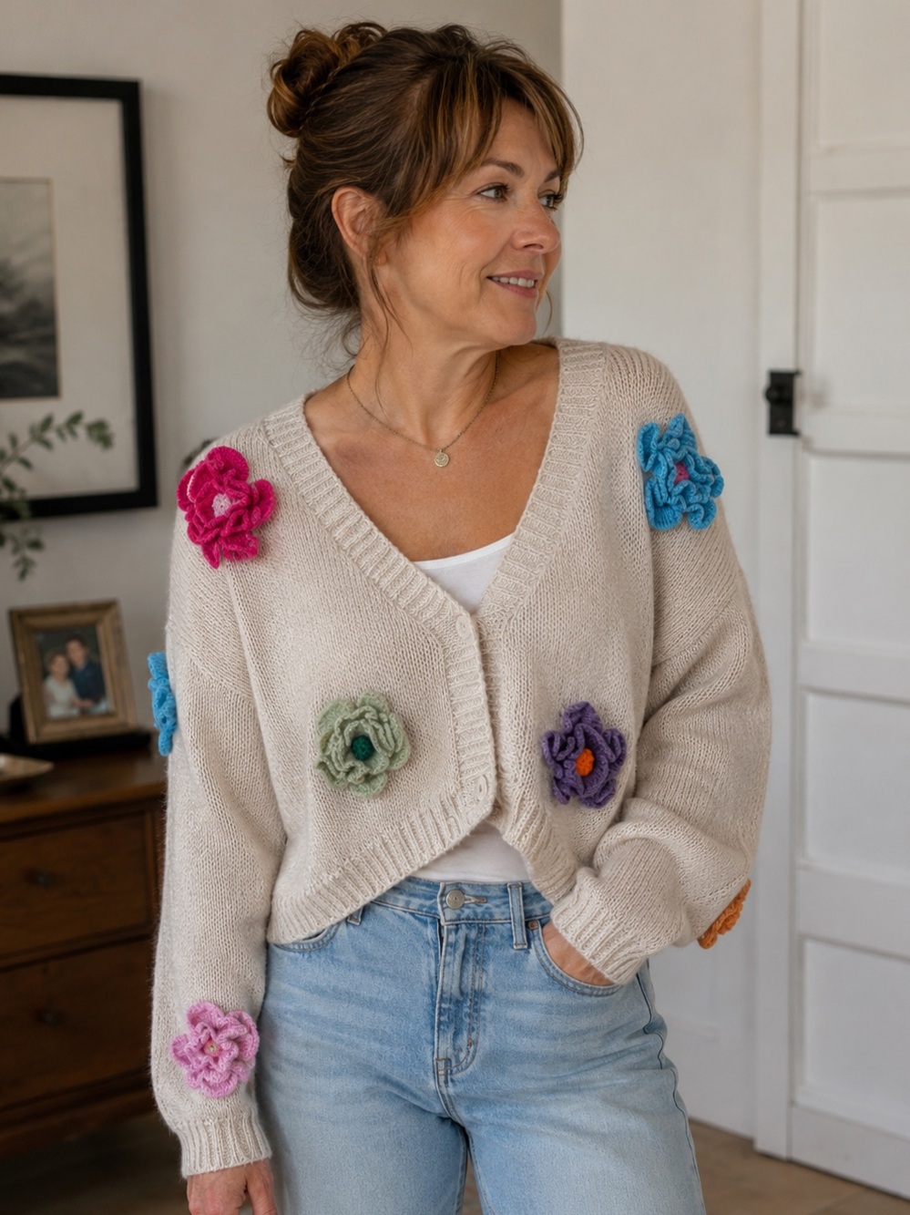 Cream V-Neck Cardigan Sweater by dreamers with Multi-Color Knit Flowers